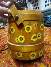 Antique WOODEN FIRKIN/SUGAR BUCKET with Swing Handle. 7x8x7.75"