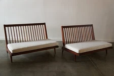 Pair of George Nakashima Studio Settee Sofas in Cherry and Knoll fabric