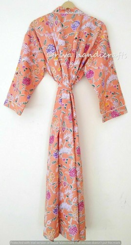 Indian Orange Cotton Screen Printed Floral Print Nightwear Maxi Gown Kimono Robe - Picture 5 of 5