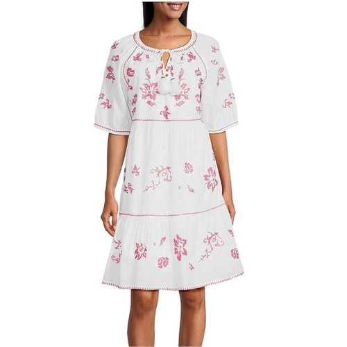 John Mark Women’s Embroidered Dress White Pink Sz Medium Peasant Cottagecore