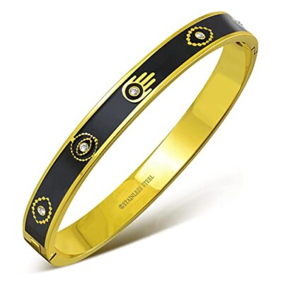 Stainless Steel Silver-Tone White Blue CZ Evil Eye Protection Bangle Bracelet