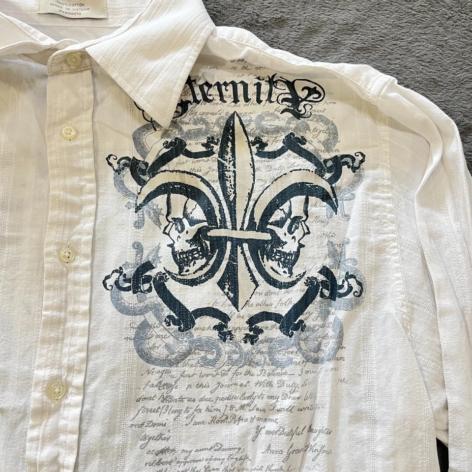 Vintage Eighty Eight White Button Up Gothic Print Long Sleeve Shirt Men's Size L - Image 3 of 4