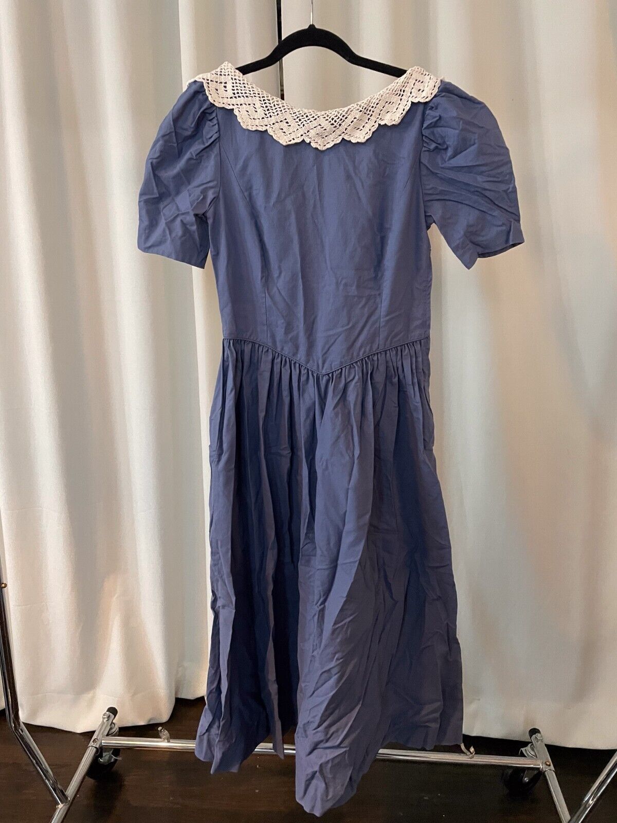 Vintage prairie dress, blue, with handmade lace. - image 1