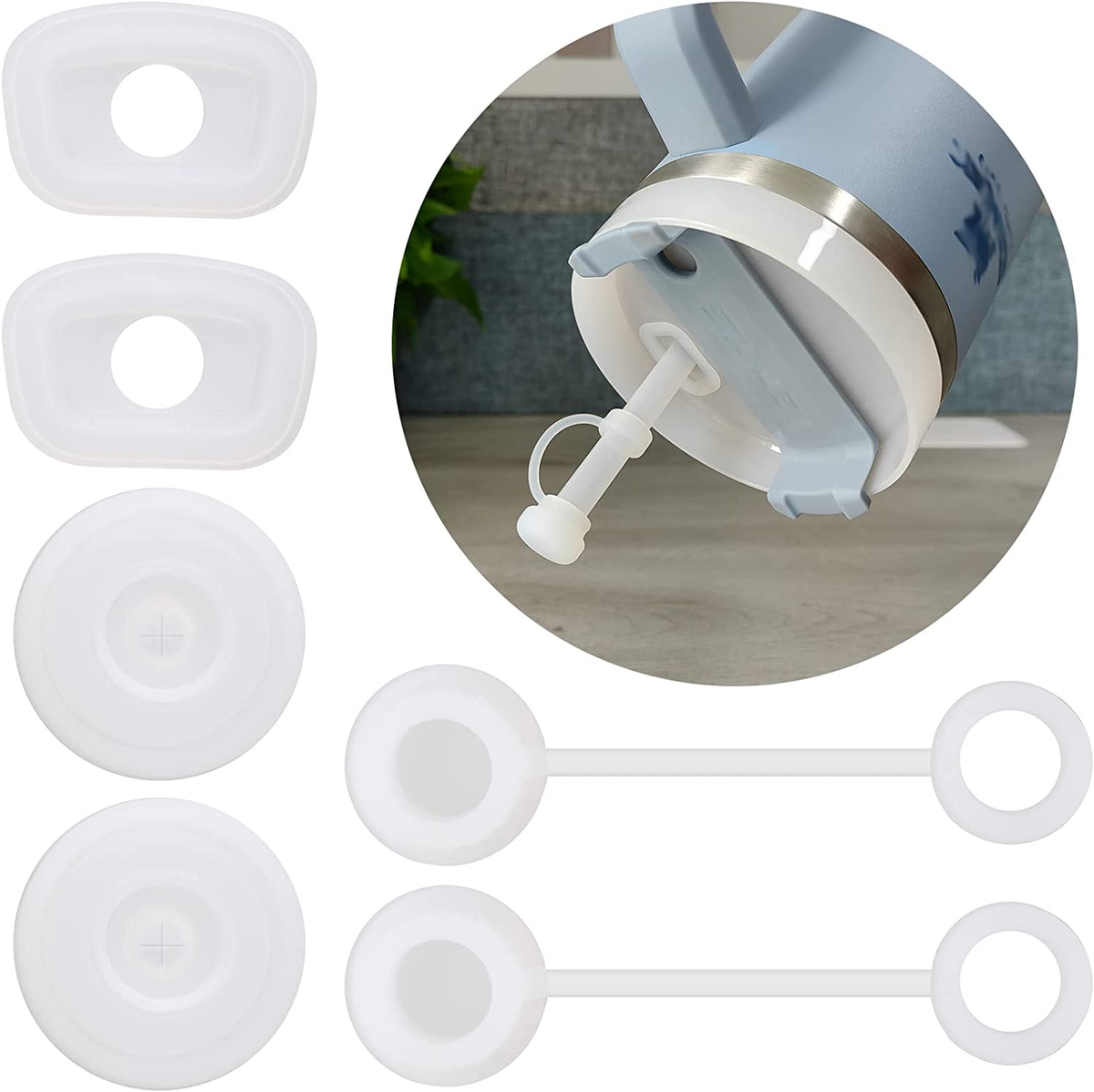 Accessoires Couvercles Stanley Cup - Kit 3 Pièces En Silicone Alimentaire (couvercle Paille, Bouchons Carré/rond) Anti-poussière Et Anti-fuite, Couleur Blanc