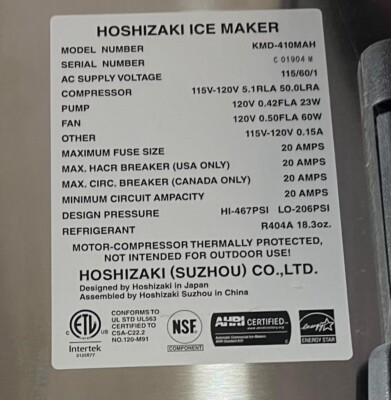 Hoshizaki Ice Maker KMD-410MAH | eBay