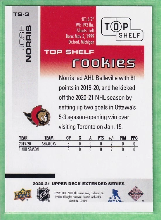 2020-21 UD Extended Series UD Top Shelf Rookies #TS-3 Josh Norris 077/500 - Image 2 of 2