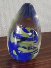 MDINA SIGNED BLUE/GREEN & WHITE DOMED PAPERWEIGHT