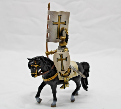 SCHLEICH Crusader Knight w/ Flag on Horse - Medieval Plastic Toy Figure -2003
