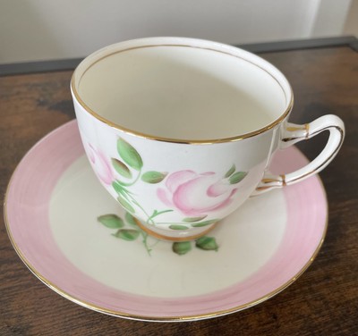 Adderley Bone China England Teacup & Saucer Pink Roses Gold Trim Floral Vintage
