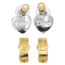 Christian Dior Gold-tone Set of 2 Pierced Clip-on Earrings Heart Logo F196