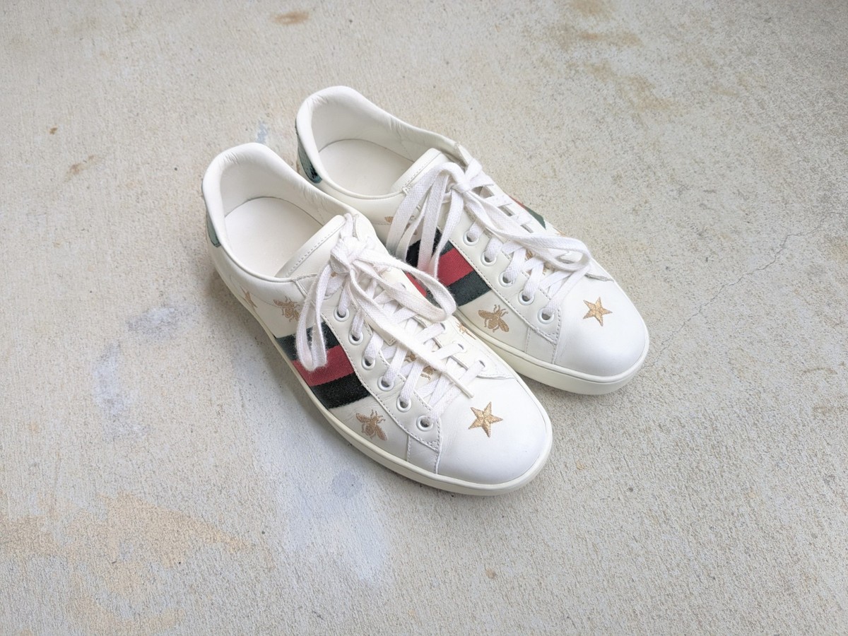 Gucci Ace Sneakers Men US 8.5 Bee Star White Leather Shoes Low
