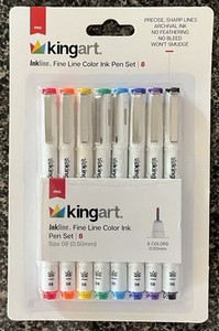 KINGART FINE LINE COLOR INK PEN SET - 8 Colors - NEW