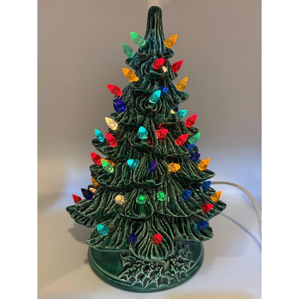 Vintage Ceramic Christmas Tree Light Up Green Glaze Multicolor MCM READ - Image 3 of 4