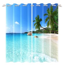 Seaside Window Curtains Sunny Beach Ocean Waves Coconut Palm Window Treatment...