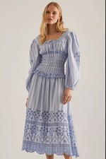 Blue Embroidered Smocked Midi Dress with Puff Puff Sleeves, Fit Flare, Floral