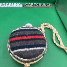 Vintage Striped Fabric Side Large Metal Canister Canteen w/ Shoulder Strap 9.75"