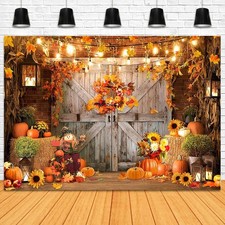 Fall Backdrop for Photography Rustic Wooden Door Autumn Maple Leaves Pumpkins...