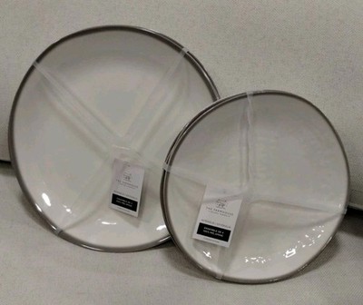 Rachel Ashwell 8 pc STRIPED RIM MELAMINE DINNER & SALAD PLATES gray taupe NEW