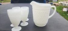 Vintage Anchor Hocking Depression Milk Glass Hobnail Pitcher & 5pc Cup Set