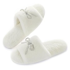 Women's Fuzzy Rhinestone Bowknot Open-Toe Slippers, Bride and 10 White