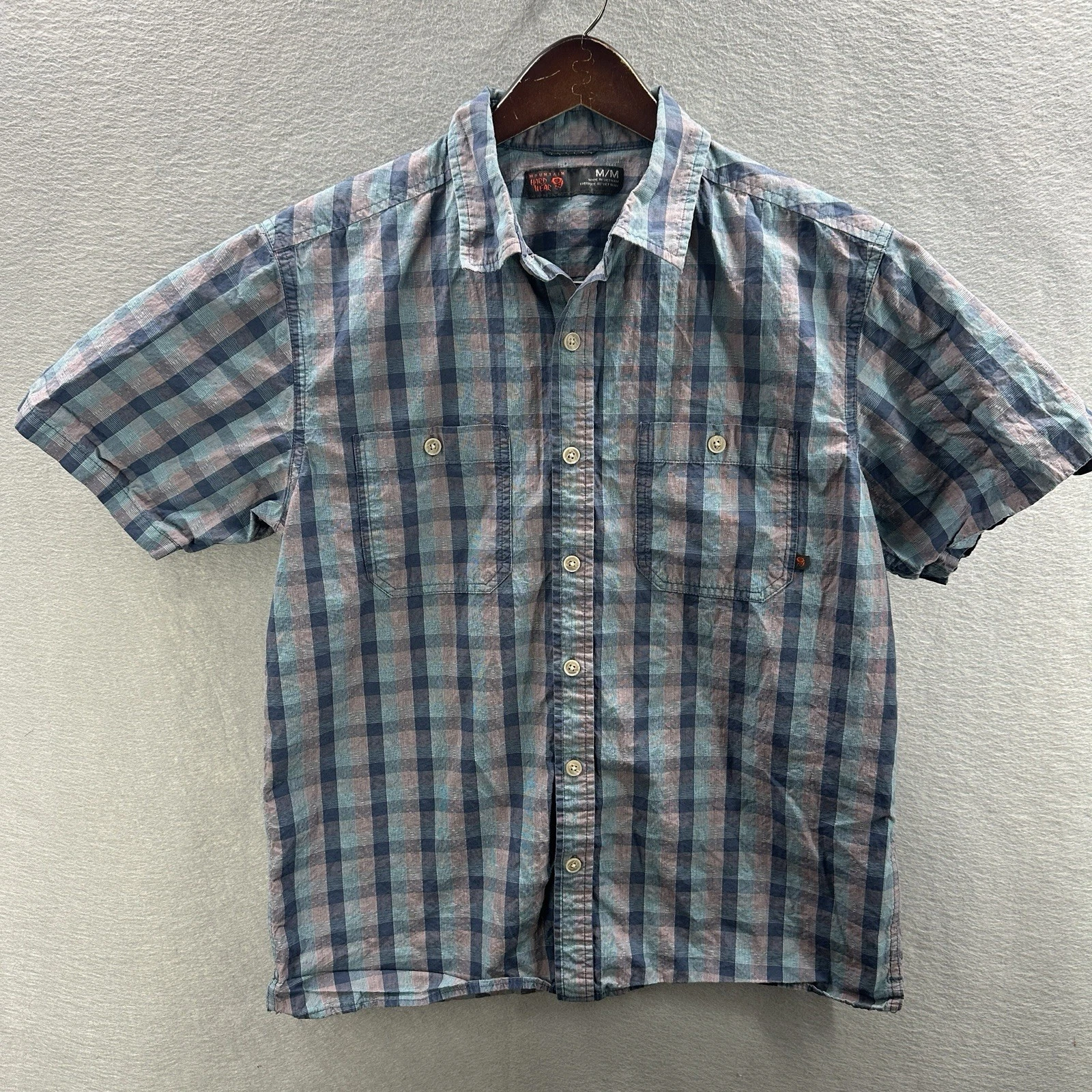 Mountain Hardwear Mens Shirt Medium Blue Plaid Button Front Gorpcore Hiking