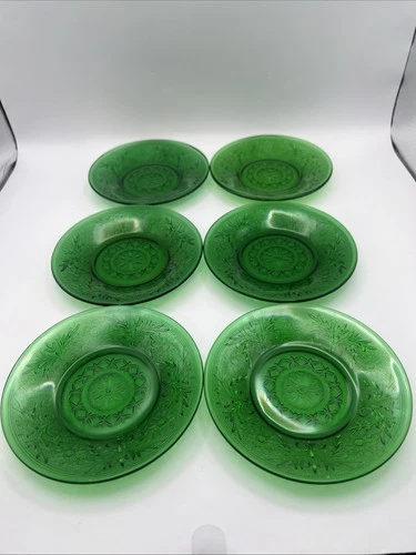 VTG Green Anchor Hocking Depression Glass 6 Saucers Butter Roll Glass
