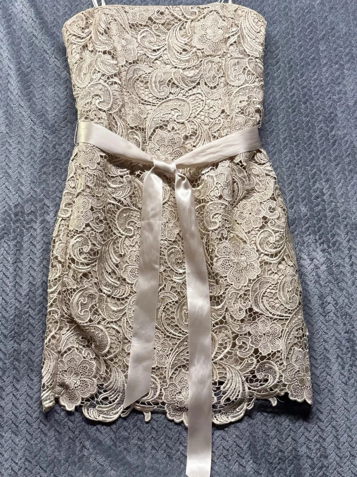 Vestido de cóctel Adrianna Papell Boutique de encaje 10 beige sin tirantes cinta de satén Foto 2 de 4