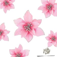 Gardeningwill 12Pcs 5 Inch Glitter Artificial Poinsettia Flowers with Pink