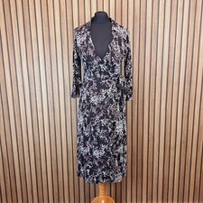 Hobbs Vintage Midi Wrap Dress UK 10 Brown Floral Stretch Collared Long Sleeve