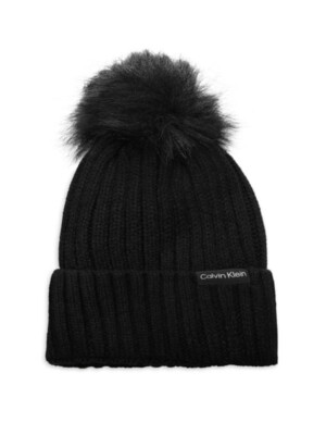 CALVIN KLEIN ​Faux Fur Pom Pom Rib Knit Beanie BLACK and  display picture 2