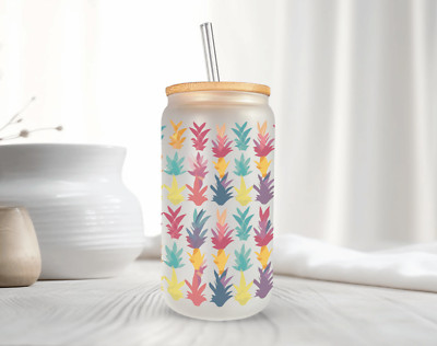 Pineapple Crowns Frosted Glass Can With Bamboo Lid 16 Oz Glass Cup by Mugzan