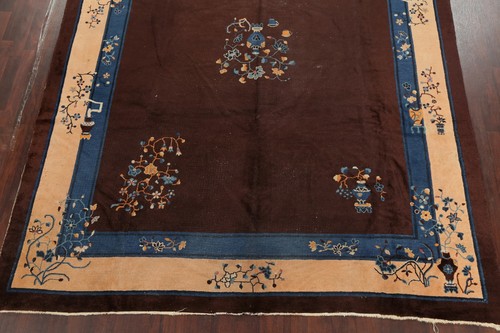Antique Floral Art Deco Nichols Chinese Area Rug Wool Hand-Knotted Brown 9'x12' - Picture 6 of 12