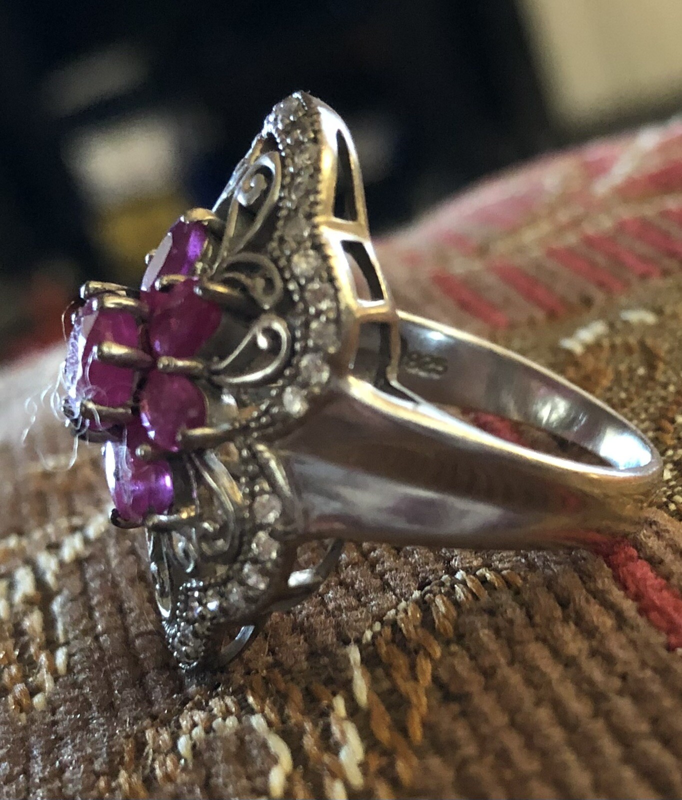 Sterling Silver Ruby Floral Flower Ring - image 5