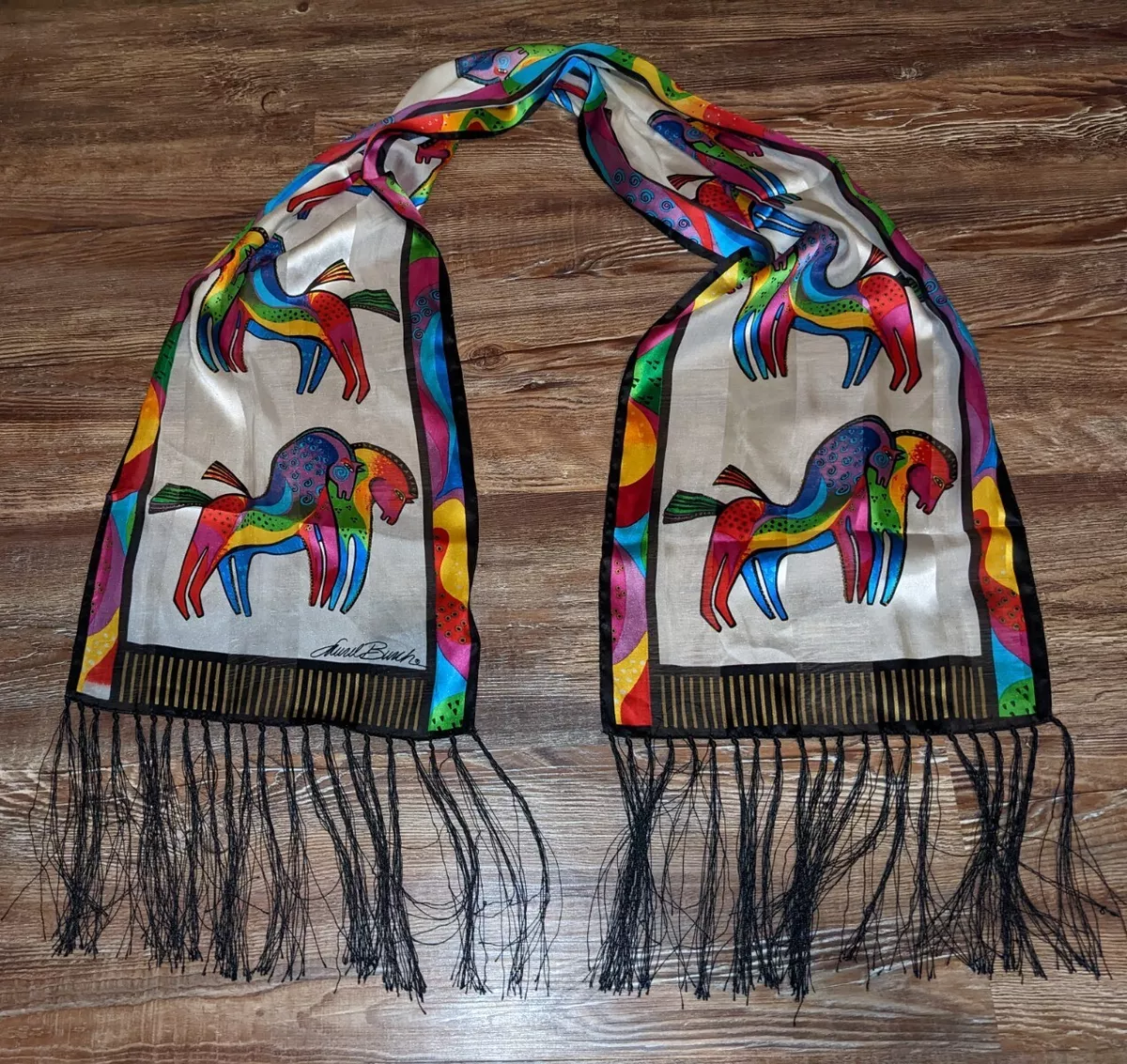 Laurel Burch 100 silk rainbow horses on white scarf with fringe
