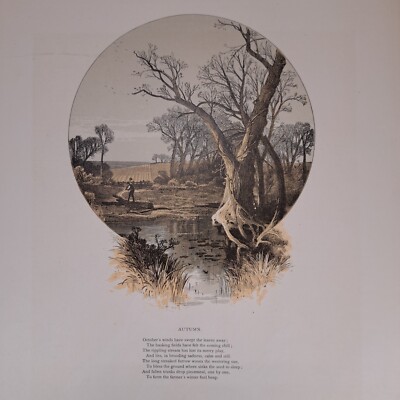 1874 Victorian Art Engraving, Sepia Duotone Interleaf, AUTUMN Farm