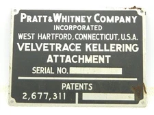 VTG Pratt Whitney Company Velvetrace Kellering Attachment Metal Logo Plate - B