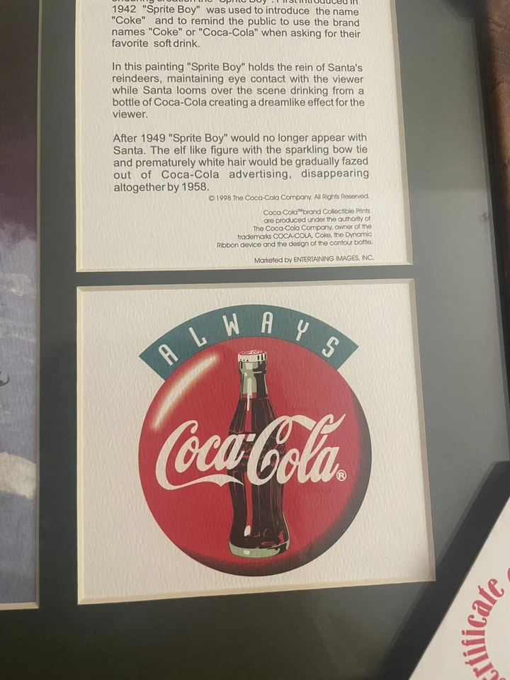 1998 Coca Cola Haddon Sundblom Travel Refreshed Santa & Sprite Boy Framed Print - Image 4 of 4