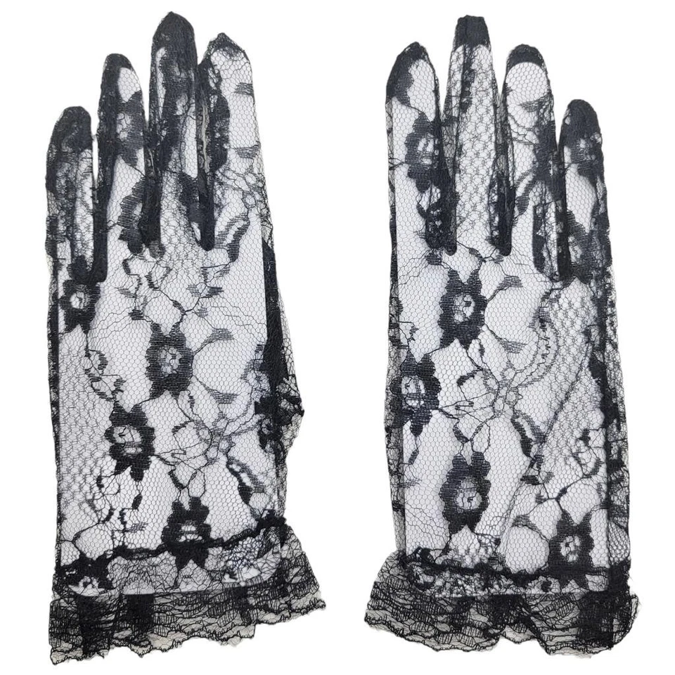 Black Lace Wrist Length Gloves Ruffle Trim Sheer Dress Up Tea Party Costume 1260 - Image 2 of 4