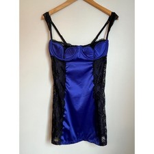 Fredericks of Hollywood Royal Blue Satin Black Lace Underwire Chemise L Lingerie