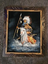 Quadro vintage velluto guerriero nativi americani su cavallo bianco legno incorniciato 19x23