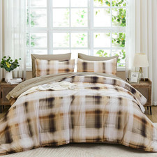Plaid Comforter Set Queen Size 7 Pieces Bed in a Bag Reversible Khaki Bedding Se