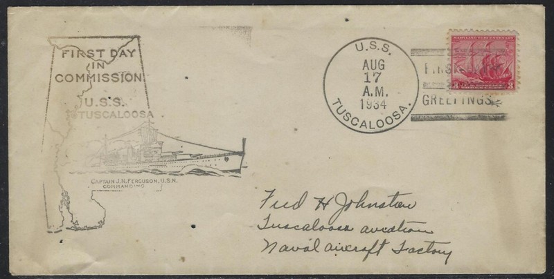 1934 U.S. Naval Cover - U.S.S. Tuscaloosa (CA-37) First Day in Commission