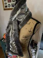 NEW!! CANDIE'S Gray/Silver Pull Through Sparkling Sequins & Faux Fur Scarf