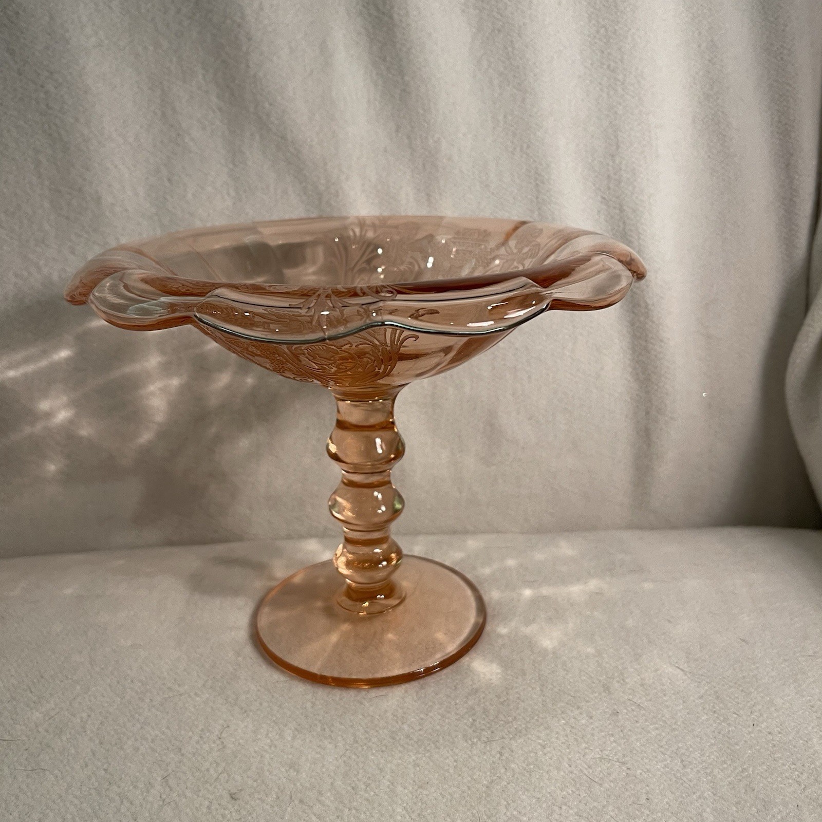 Vintage Paden City Pink Compote Bowl with Cupid Etching - Mid Century Glassware