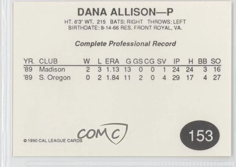 1990 Cal League California League Dana Allison #153 - Image 2 of 2