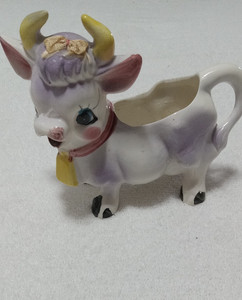 Adorable Vtg Ceramic Cow Figural Creamer Pitcher Purple Spots Yellow Horns 1950s