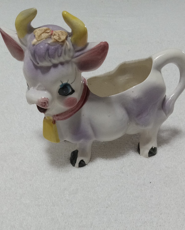 Adorable Vtg Ceramic Cow Figural Creamer Pitcher Purple Spots Yellow Horns 1950s