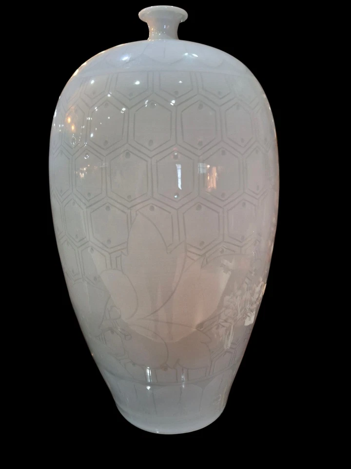 Jarrón grande chino firmado Meiping Celedon 14" de alto 25" alrededor más ancho Foto 2 de 4