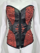 Sz Small Red Jacquard Black Faux Leather Corset Bustier Goth Steampunk