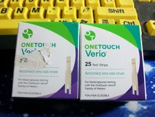 75 ONE TOUCH VERIO TEST STRIPS, EXP  12-26 & 1-27, DINGED SEALED BOXES
